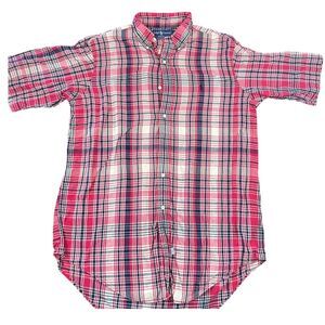 Ralph Lauren Madras Plaid Short‎ Sleeve Button Down Shirt Cotton Red Blue L